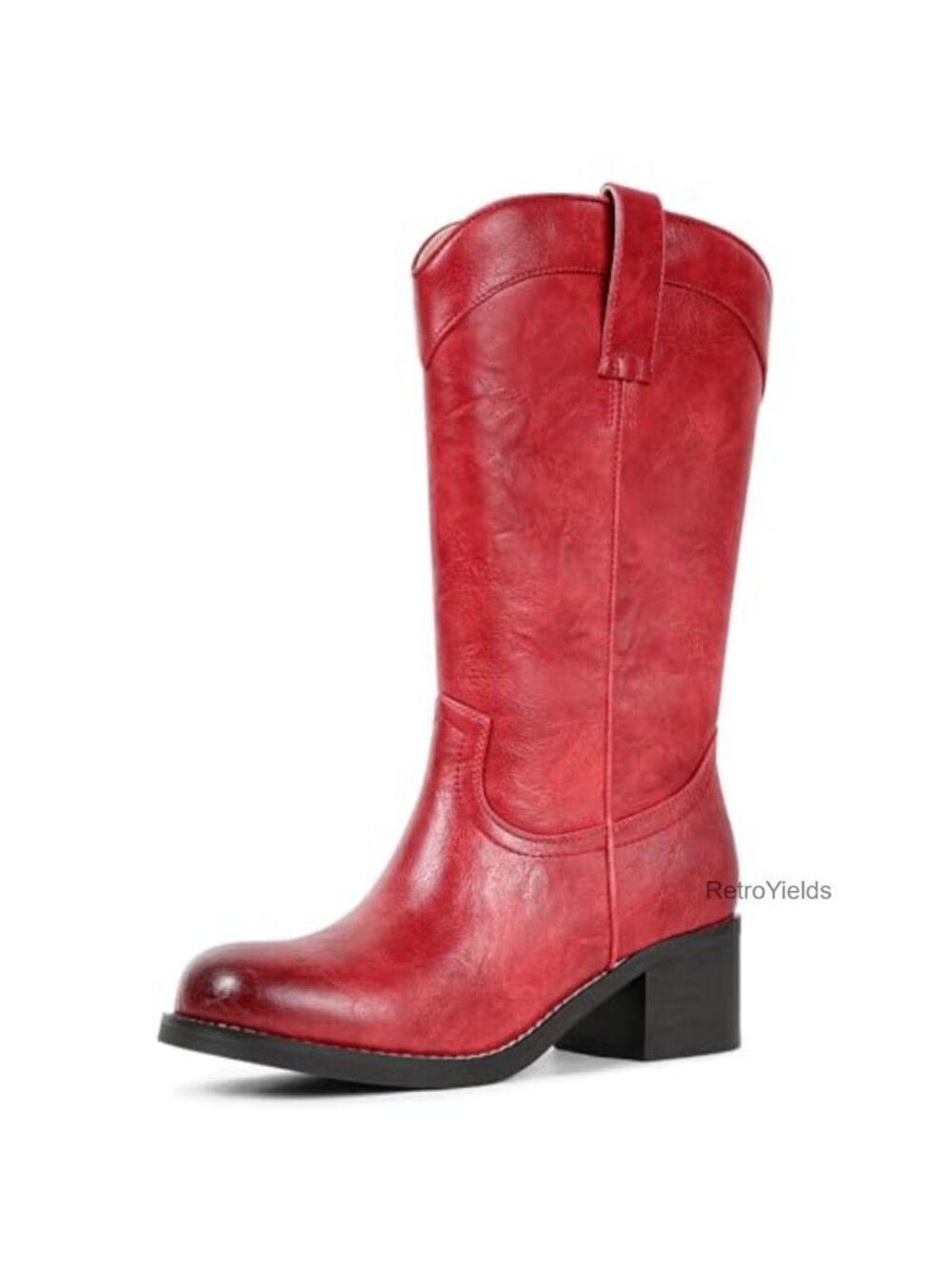 Women's Mid Calf Western Boots Faux Leather Square Toe Block Heel Zip